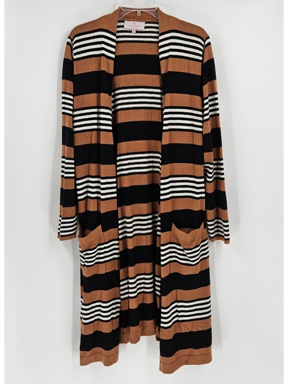 Laurie Felt XL Striped Open Front Cardigan Duster Rust Black White Long Sweater